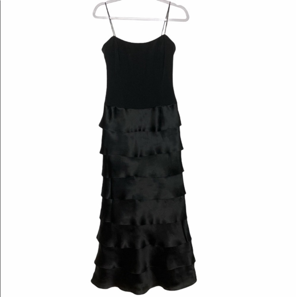 Roland Nivelais 100% Silk Black Tiered Evening Gown Spaghetti Strap Dress
